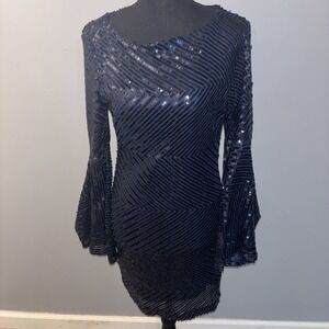 Altar'd State Maia Sequins Evening Dress Bell Sleeves Navy Formal Women's Size S